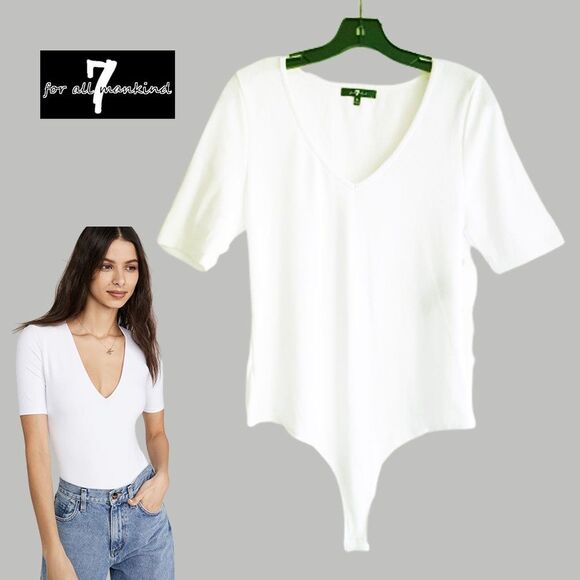 7 FOR ALL MANKIND NEW Preppy Ribbed V-Neck Elbow Sleeve Thong Bodysuit Top - Picture 1 of 11